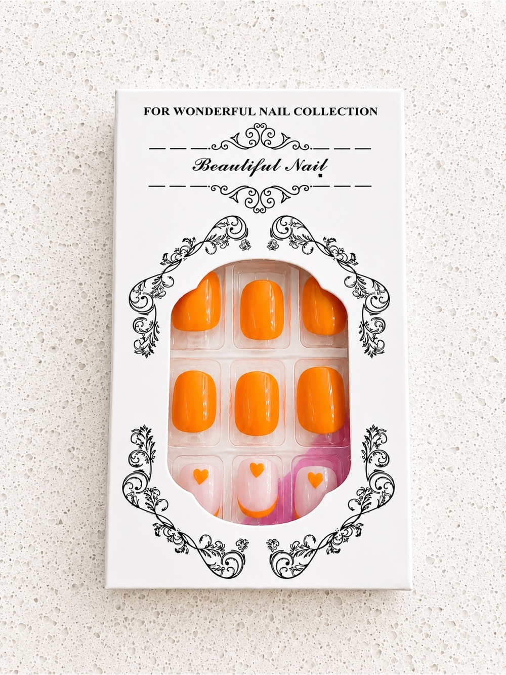 Press-On Set in Bright Orange with Pink Heart Accents